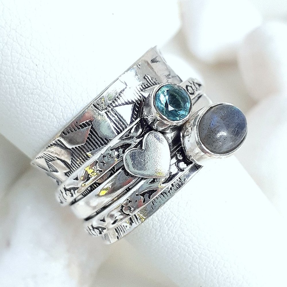 925 Sterling Moonstone & Sapphire Spinner Ring - Picture 6 of 11